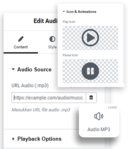 Preview Widget Audio MP3 Luxee WidgetKit - Cara Menambahkan Musik di Undangan Digital Elementor