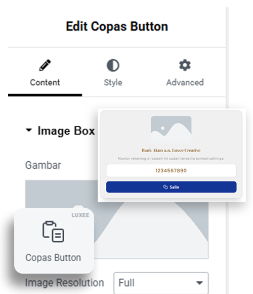 Widget Copas Button Luxee WidgetKit - Fitur Salin Rekening & Alamat Klien di Elementor