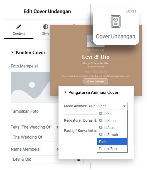 Widget Cover Undangan Luxee WidgetKit - Fitur Opening Undangan Digital Elementor Premium