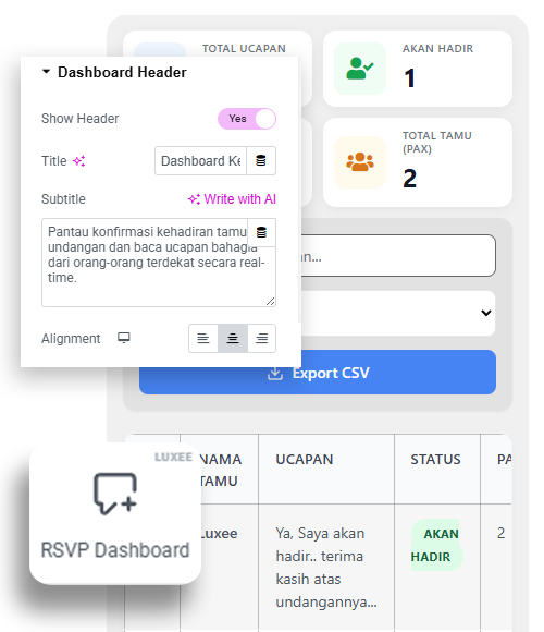 Widget RSVP Dashboard Luxee WidgetKit - Dashboard Laporan Kehadiran Tamu Undangan Digital