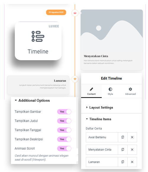 Widget Timeline Story Luxee WidgetKit - Cara Membuat Timeline Perjalanan Cinta di Undangan Digital