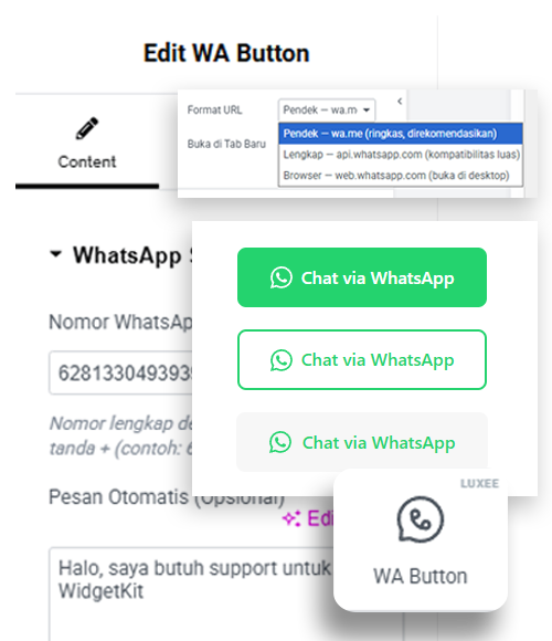 Widget WA Button Luxee WidgetKit - Chat Support Mengambang di Web Undangan Elementor